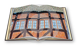 Typical houses in wooden structure and red bricks Europe - Sweden - Malmo - 3D render concept image of an opened photo book