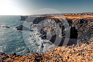 Typical Icelandic sunrise sunset cliff landscape at Arnarstapi area in Snaefellsnes peninsula in Iceland