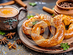 Typical Indian breakfast pretzels with coriander and ginger with cup of chai massala photo