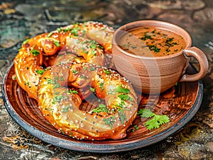 Typical Indian breakfast pretzels with coriander and ginger with cup of chai massala photo