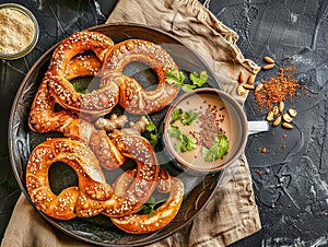 Typical Indian breakfast pretzels with coriander and ginger with cup of chai massala photo