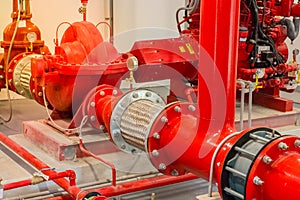 Typical installation of fire pump room with approved pump nd valve connect to pipe with stainless flexible pipe.