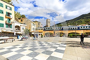 Typical Italian coastal town, square and colorful houses, Cinque Terre, Monterosso, Italy