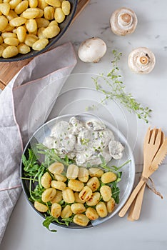 Typical Italian Gnocchi with mushroom sauce and arugula salad