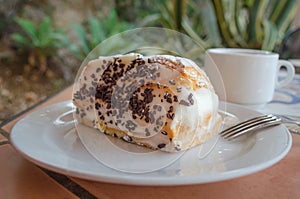 Typical Italian and Sicilian dessert â€“ role pasta di bigne with ricotta and chocolate drops.