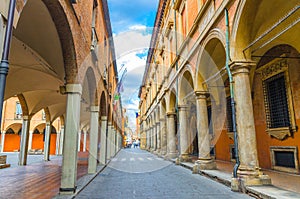 Typical italian street, buildings with columns, Palazzo Poggi museum, Accademia Delle Scienze Since Academy, University of Bologna photo