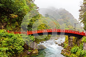 Typical Japanese red bridge in Nikko