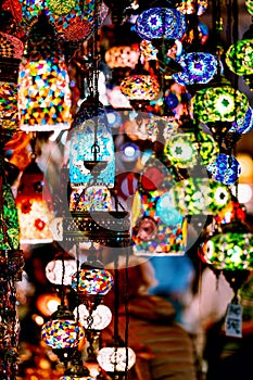 Typical lamps and lanterns in shop in the Grand Bazaar, Istanbul, Turkey