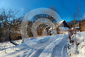 Typical landscape of the Ukrainian Carpathians with private estates in winter