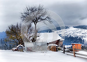 Typical landscape of the Ukrainian Carpathians with private estates in winter