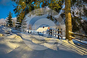 Typical landscape of the Ukrainian Carpathians with private estates in winter