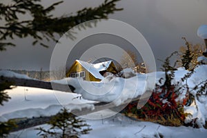 Typical landscape of the Ukrainian Carpathians with private estates in winter