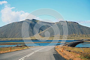 The typical landscape of the western of Iceland, Volcano mountain, highway, Lake and sea, the exotic landscape Icelandic