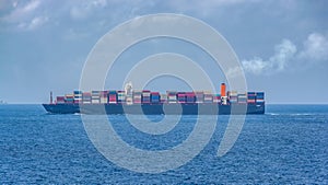 Typical large boxship in design and layout have a twin-island design, with the accommodation, including the navigation bridge, photo