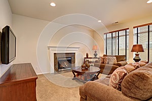 Typical living room in american home with carpet, and velvet sof