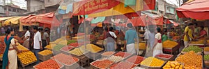 Typical local markets in Mumbai, India, with bright colours and a variety of goods.