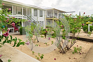 Typical local wooden village house along coastside in Placencia, Belize