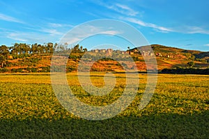 Typical Madagascar landscape - green and yellow rice fields, people working. Small hills with clay houses, small river -