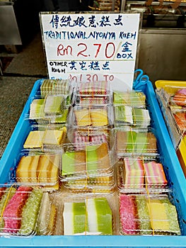 Typical Malaysian desserts, kui kuih kueh, on sale in Kuala Lumpur.