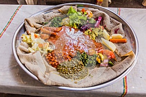 Typical meal in Ethiopia - Beyainatu. Meaing bit of everything. Mix of vegetables and stews on injera flatbrea