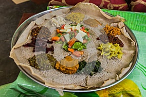 Typical meal in Ethiopia - Beyainatu. Meaing bit of everything. Mix of vegetables and stews on injera flatbrea