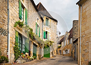 Typical mediaval street Saint-Cyprien Dordogne southwest France