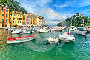 Typical mediterranean buildings,castle and harbor,Portofino,Liguria,Europe