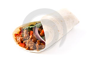 Typical Mexican burrito wrap with beef, frijoles and vegetables isolated