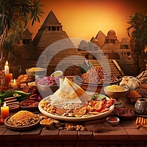 Typical Mexican cuisine and pyramid