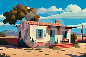 Typical Mexican old farmhouse with a beautiful landscape in the background. View on the facade. Illustration