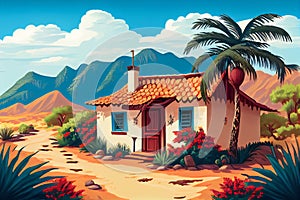 Typical Mexican old farmhouse with a beautiful landscape in the background. View on the facade. Illustration