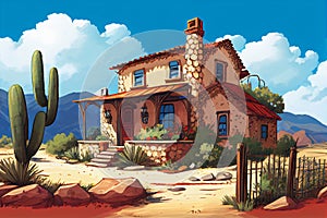 Typical Mexican old farmhouse with a beautiful landscape in the background. View on the facade. Illustration