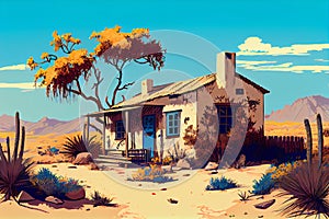 Typical Mexican old farmhouse with a beautiful landscape in the background. View on the facade. Illustration