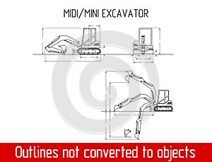 Typical mini excavator overall dimensions outline blueprint template