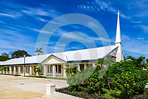 Typical Mormon church. The Church of Jesus Christ of Latter-day Saints in rural Oceania. Tonga, Polynesia, South Pacific Ocean.