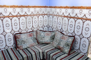 Typical moroccan accommodation in blue town Chefchaouen, Morocco, Africa View of a traditional Riad house Islamic indoor.