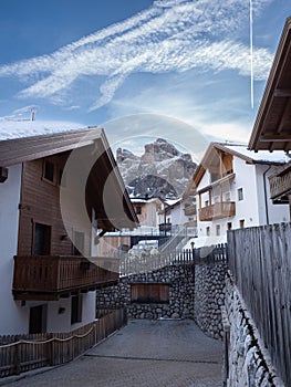 Typical Mountain Houses In Colfosco, Alta Badia in Italian Alps, Italy