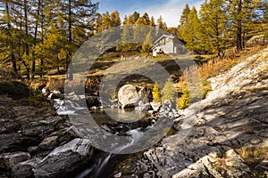 Typical mountain hut on the river in the Alps on the Simplonpass