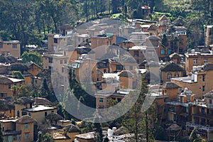 The typical mushroom houses of a village among the terraced rice fields of Yuanyang in Yunnan in China