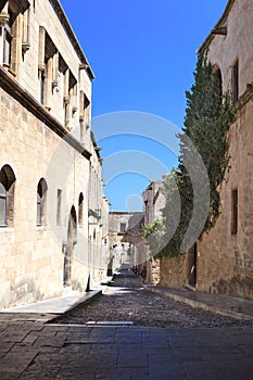 Typical narrow lane in Lindos, Rhodes, Greece