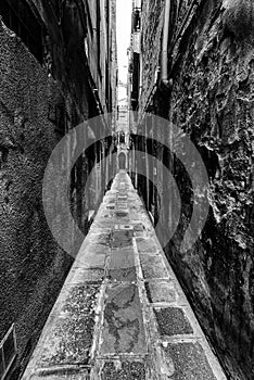 Typical narrow street of Venice in black and white