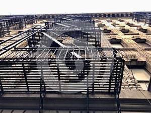 Typical New York apartment building with steel fire escape ladders