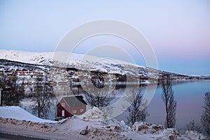 Typical Norwegian colorful painted houses near a fjord near TromsÃÂ¸