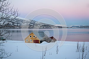 Typical Norwegian colorful painted houses near a fjord near TromsÃÂ¸