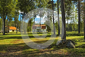 Typical Norwegian house in a forest.