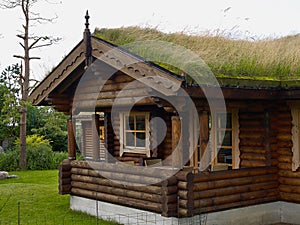 Typical Norwegian wooden mountain cabin log house with turf roof