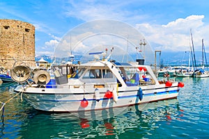 Typical old fishing boat in Calvi port, Corsica island, France