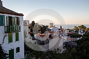 Typical Old Greek Houses and a View of a Small Greek Town of Chora in Greece in the Summer, Alonissos Island Part of the North Spo