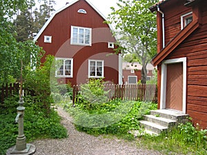 Typical old red timber houses. Linkoping. Sweden