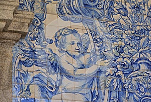 Typical old tiles of Portugal, detail of a classic ceramic tiles azulejo